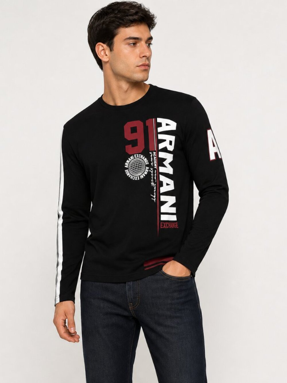 New Armani Exchange Vertical Logo Long Sleeve T Shirt - Black 1200 Size Large